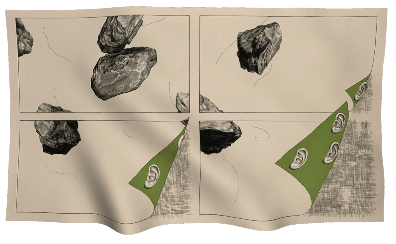 An animated flag with four panels. There are six rocks flying in the air together with hair strands. Three of the panels are partly rolled up showing the backside with isolated ears on a green background. Under the folded panel a fragile sheet of hessian fabric is revealed.